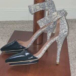 Jeffrey Campbell Patent Leather & Snake-Print Heels | Ankle Strap Pumps 7.5